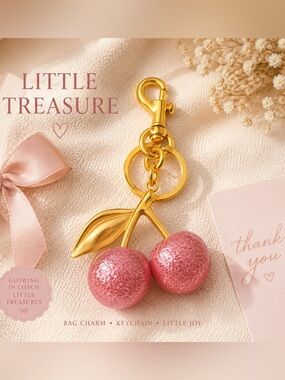 Pink Glitter Cherry Bag Charm Keychain Purse Charm